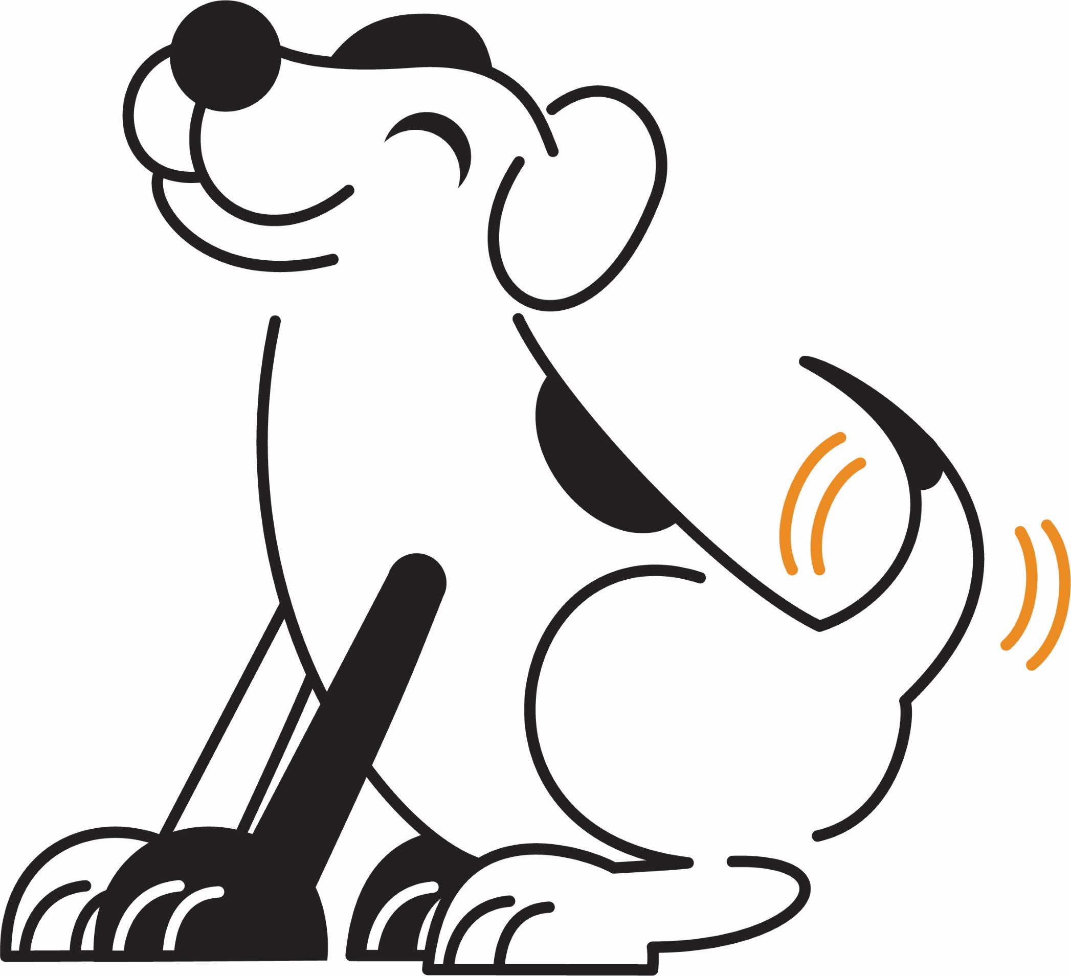 a black and white cartoon dog happily wagging his tail